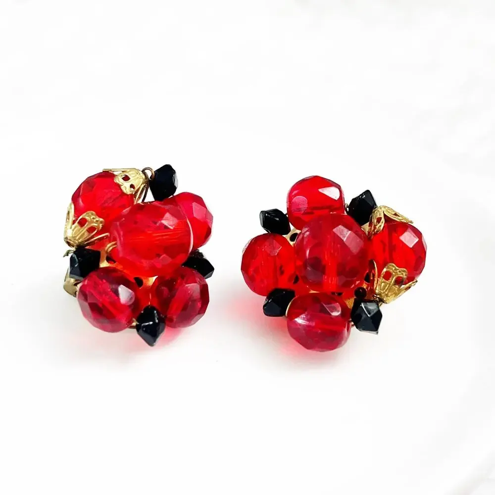 Vintage Red Faceted Bead Cluster Clip Earrings